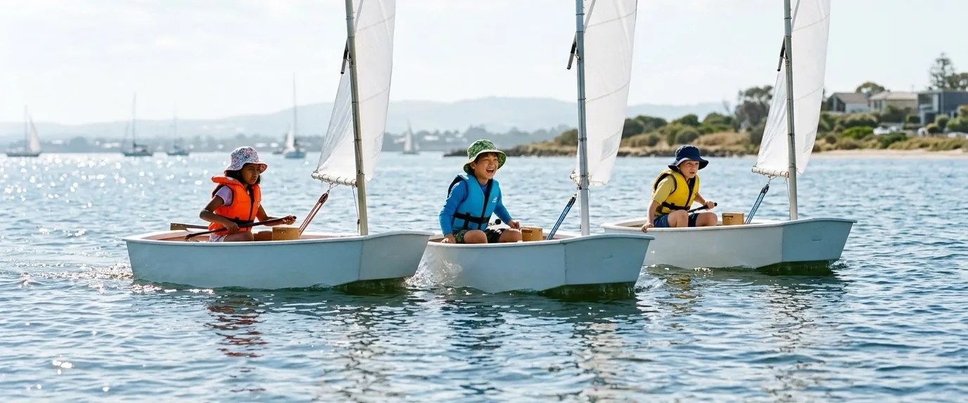 Children in life jackets sailing small dinghies on a sunny bay