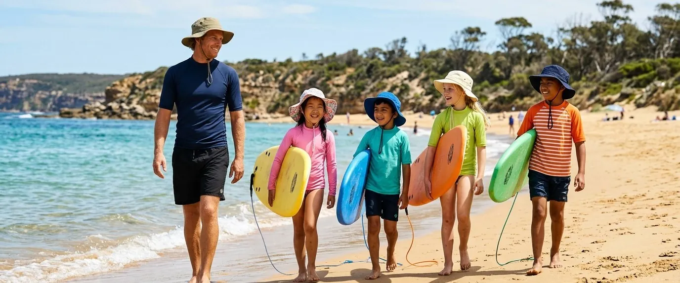 Children in rash vests and sun hats carrying bodyboards along a beach with their instructor